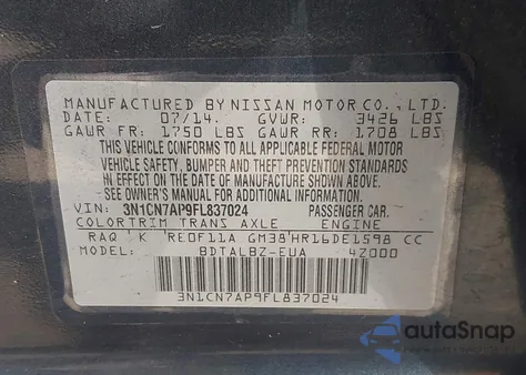 2015 Nissan Versa 1.6 Sv z USA, uszkodzony, nr VIN 3N1CN7AP9FL837024